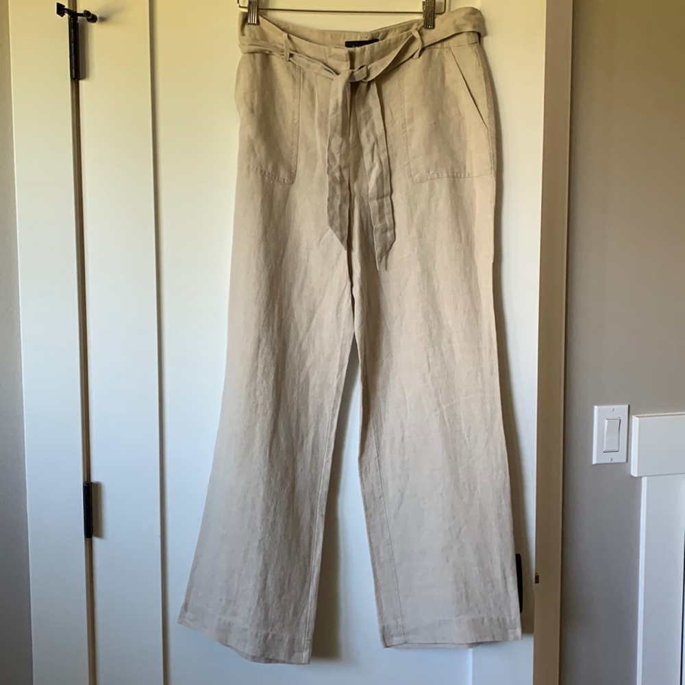 Talbots tan linen pants with removable tie belt.